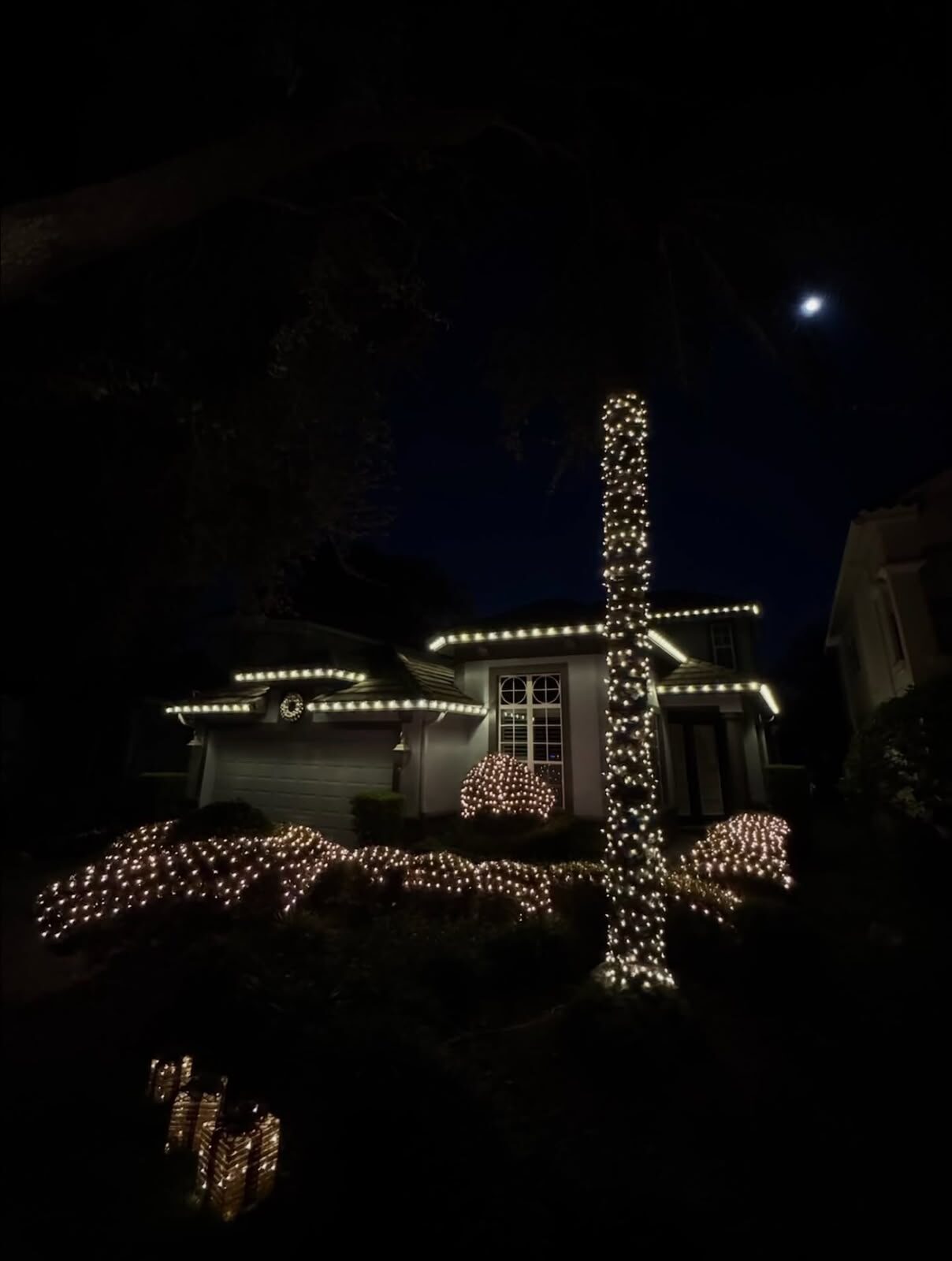 Christmas lights along the roofline with a fully wrapped column and net-lit bushes at night